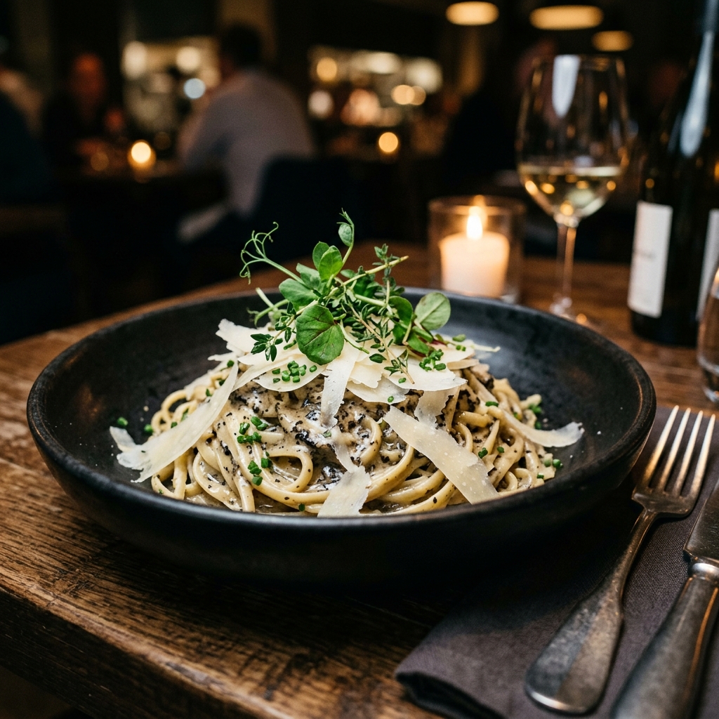Truffle Cream Pasta Plated